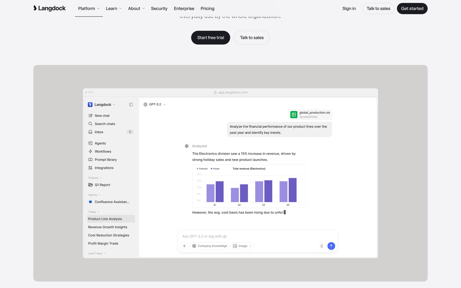 Interface Langdock : chat multi-modèles avec agents, workflows, bibliothèque de prompts et analyse de fichiers d'entreprise