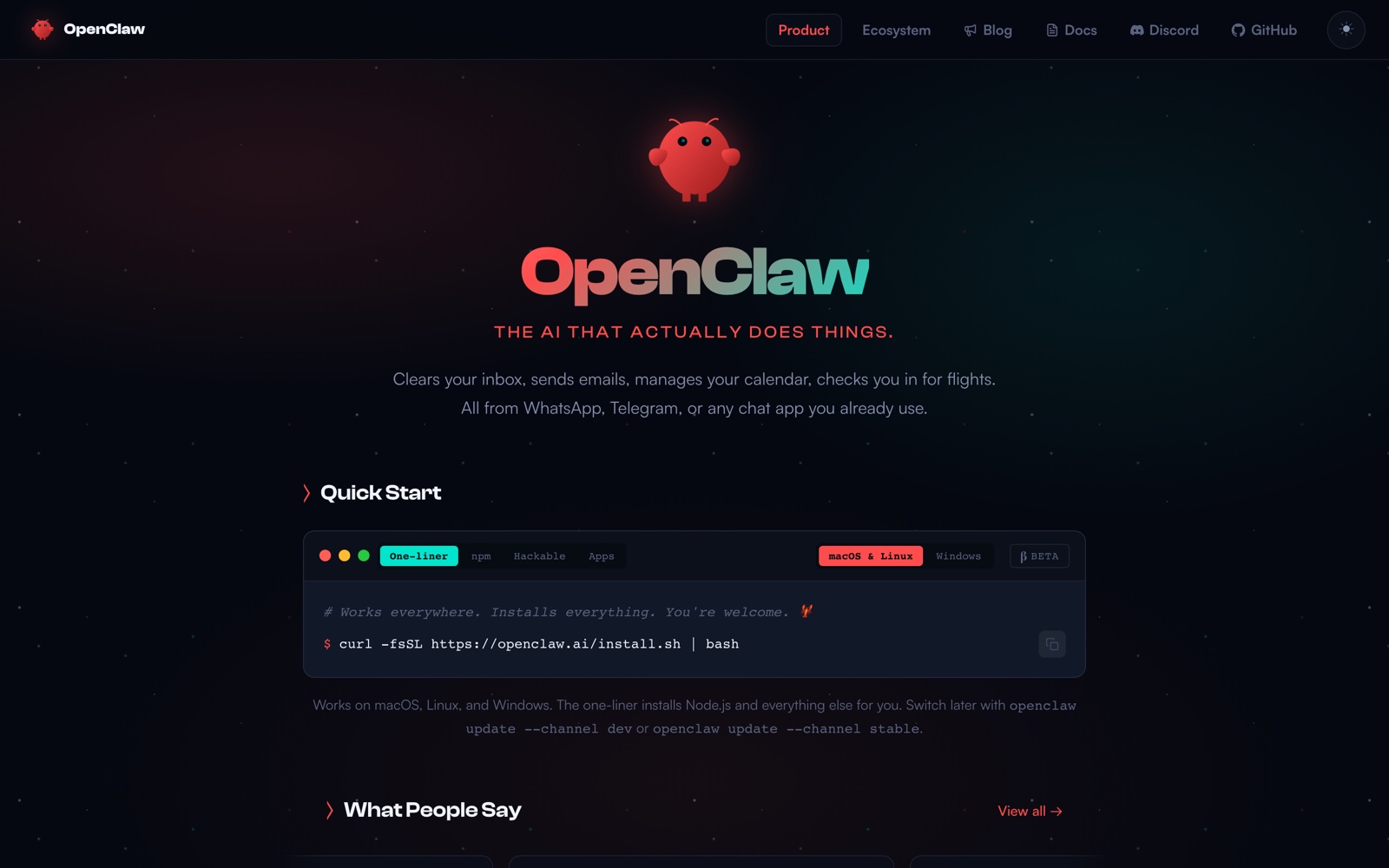 OpenClaw — « The AI that actually does things » : installation en une ligne de commande, pilotage via WhatsApp ou Telegram